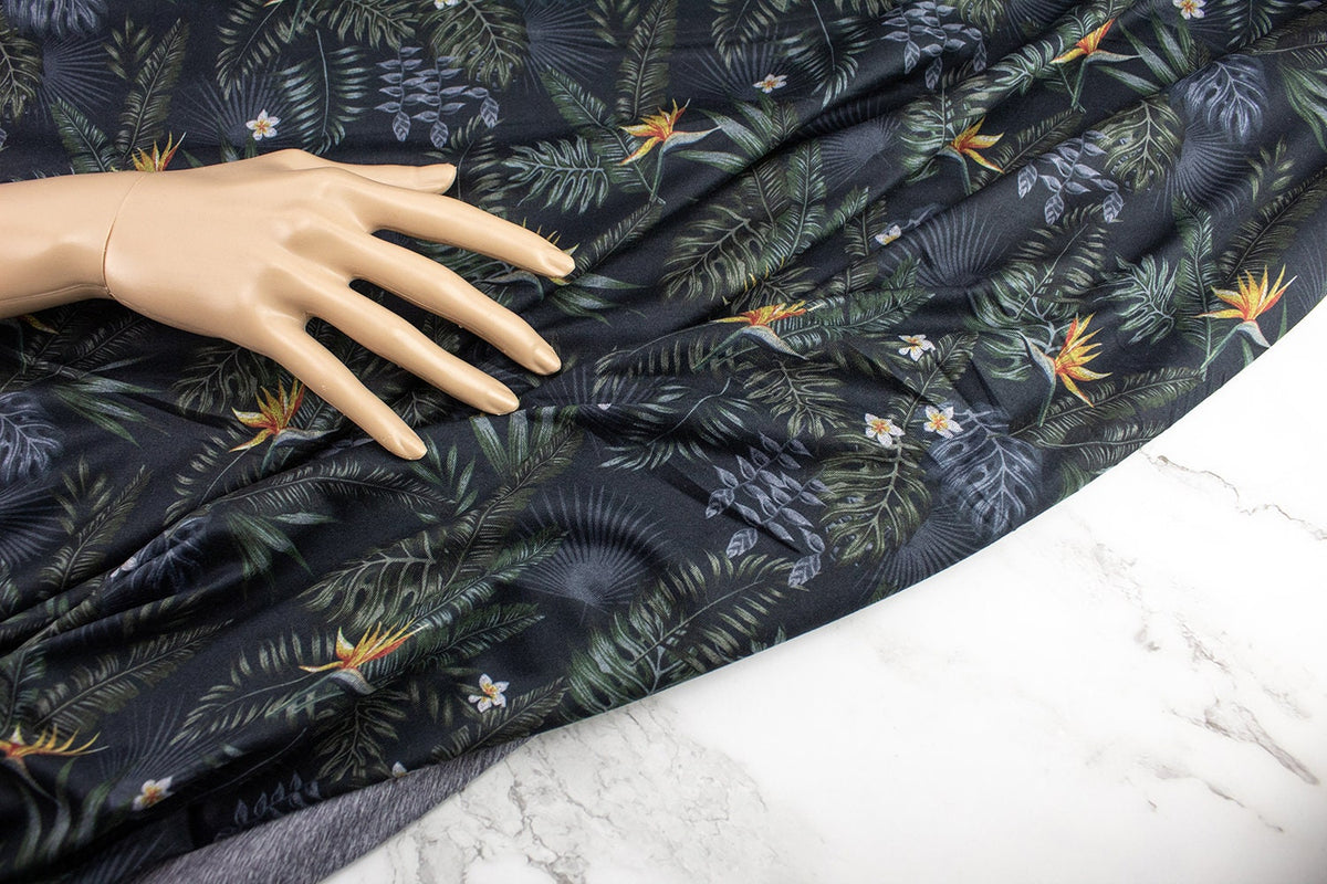 Birds of Paradise Tropical Print Knit Jersey Fabric Designer Fabric Yoga Fabric by the yard