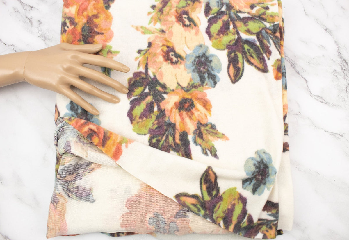 Peach Floral Brushed Sweater Knit Fleece Like Fabric Remnant 1.5 yards