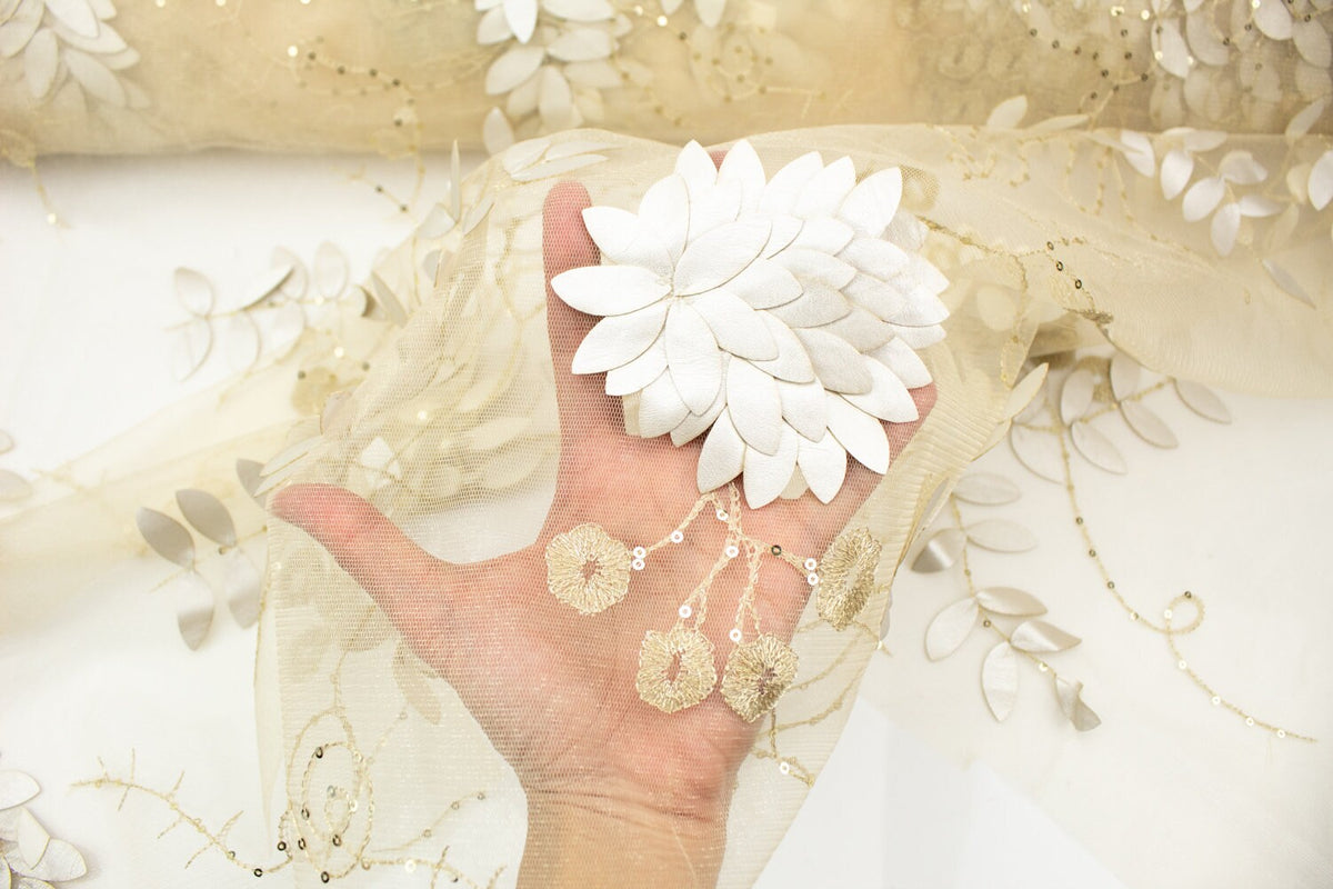 Champagne Gold 3D Floral Embroidery on Tulle Fabric Designer Fabric by the yard