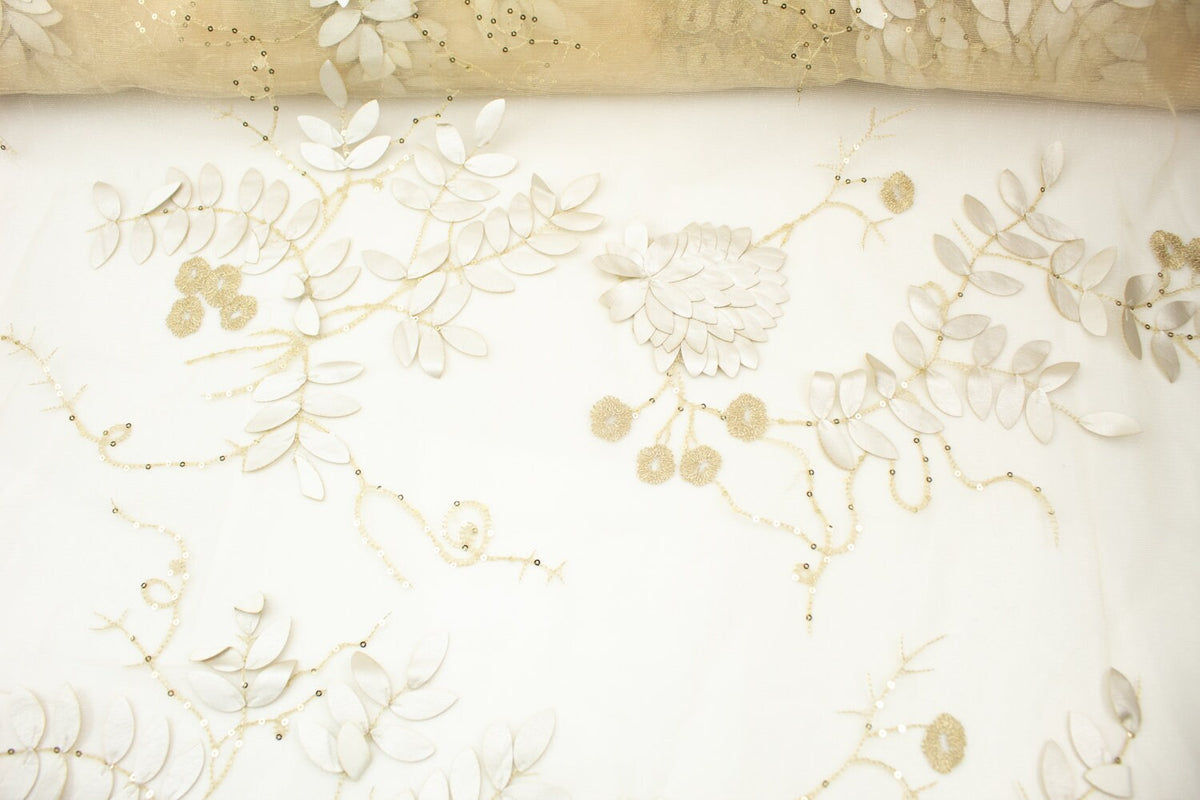 Champagne Gold 3D Floral Embroidery on Tulle Fabric Designer Fabric by the yard