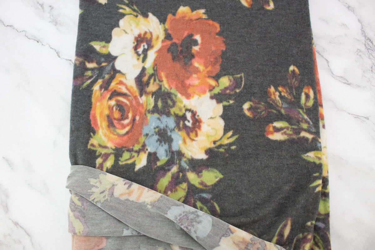 Gray Floral Brushed Sweater Knit Fleece Like Fabric Remnant 42 inches length