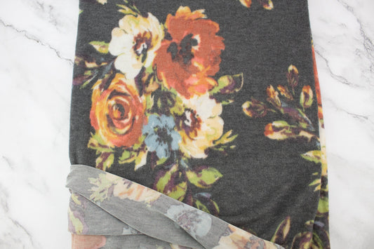 Gray Floral Brushed Sweater Knit Fleece Like Fabric Remnant 42 inches length
