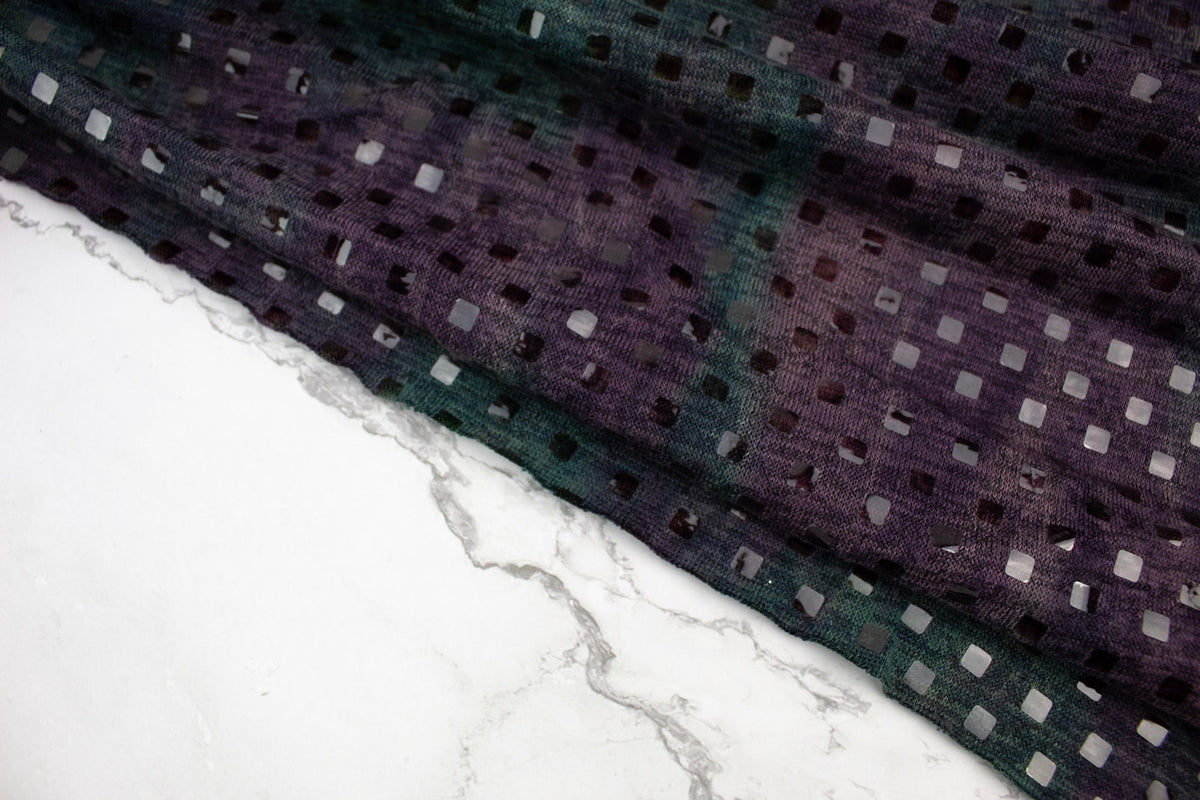 Dark Green and Purple Tie Dye Sweater Knit with Shiny Square Applique by the Yard