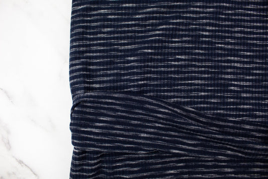 Navy and White Heather Stripe Rib Knit Fabric by the yard