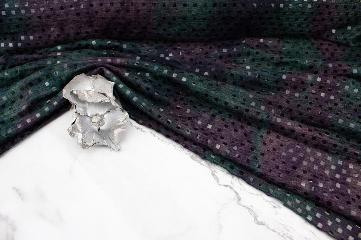 Dark Green and Purple Tie Dye Sweater Knit with Shiny Square Applique by the Yard
