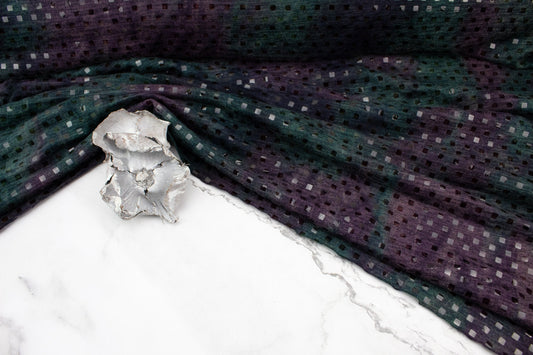 Dark Green and Purple Tie Dye Sweater Knit with Shiny Square Applique by the Yard