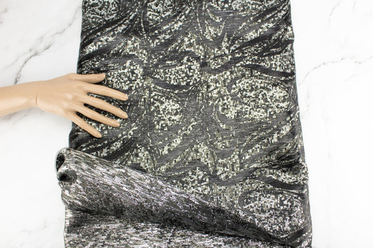 Black and Silver Modern Swirls Brocade Designer Fabric by the yard