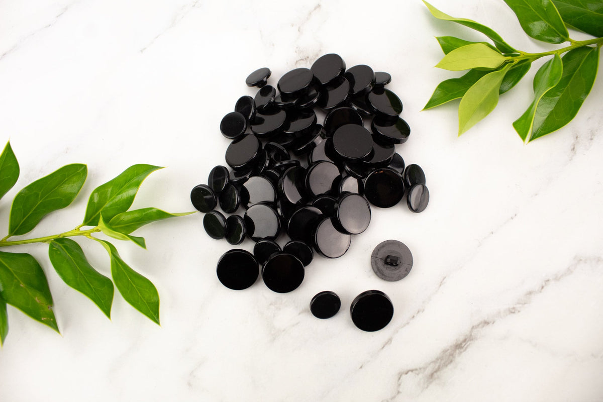 55 Black Plastic Round Buttons 2 Sizes