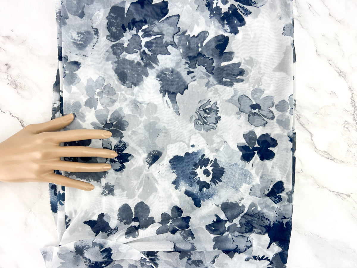 Navy and White Floral Mesh Fabric Remnant 2 yards total with uneven width