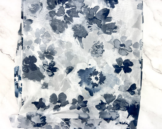 Navy and White Floral Mesh Fabric Remnant 2 yards total with uneven width