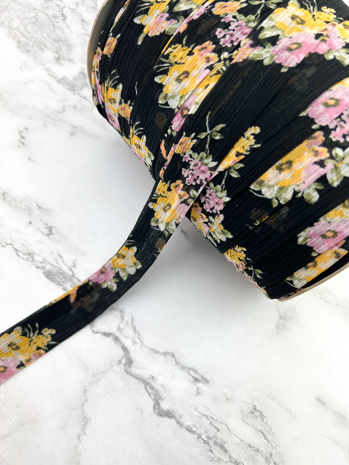 Black Pink and Yellow Floral Crinkle Chiffon Flat Trim Ribbon Straps Hollow Tube Tubular 10 yards