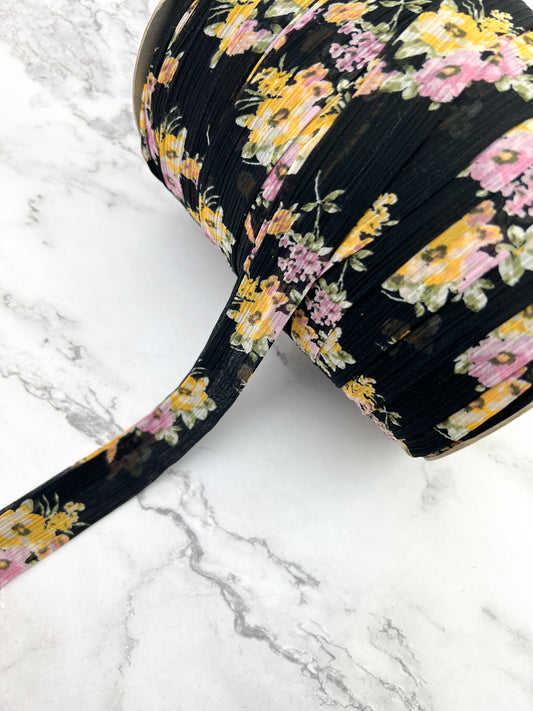 Black Pink and Yellow Floral Crinkle Chiffon Flat Trim Ribbon Straps Hollow Tube Tubular 10 yards