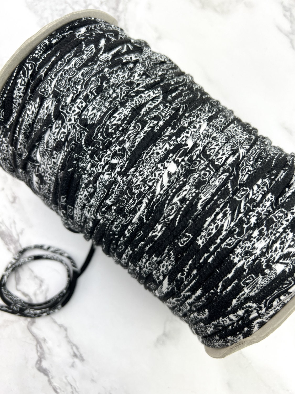 Black and White Floral Lace Print Trim Spaghetti Straps Hollow Tube Tubular Trim 10 yards