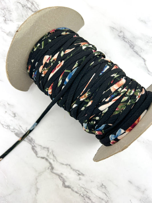 Black Floral Cloque Spaghetti Straps Trim Hollow Tube Tubular 10 yards