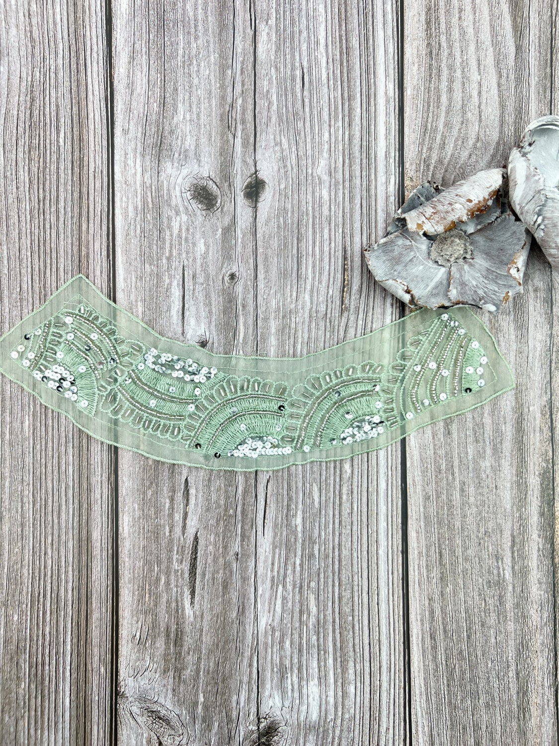 Light Green Beaded and Sequined Embroidered Neck Applique