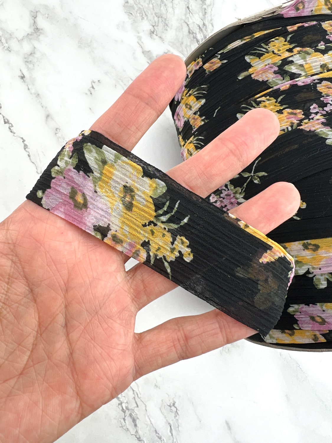 Black Pink and Yellow Floral Crinkle Chiffon Flat Trim Ribbon Straps Hollow Tube Tubular 10 yards