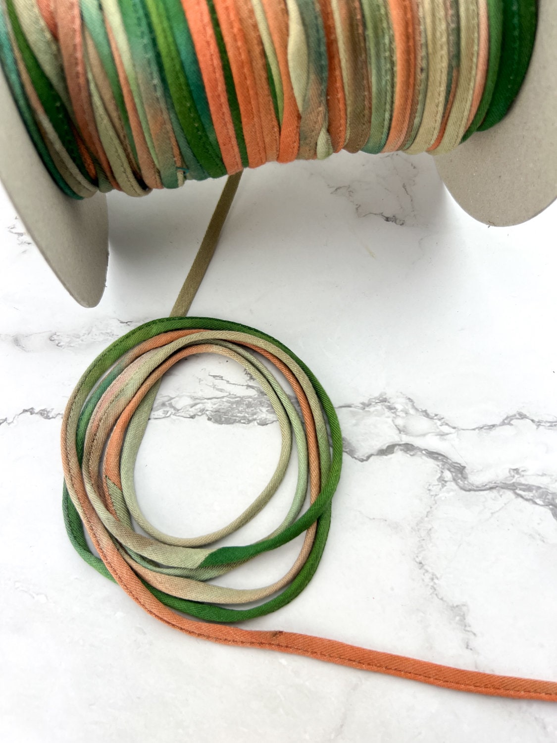 Orange Green Ombre Multi Colored Knit Jersey Trim Spaghetti Straps Hollow Tube Tubular Trim 10 yards