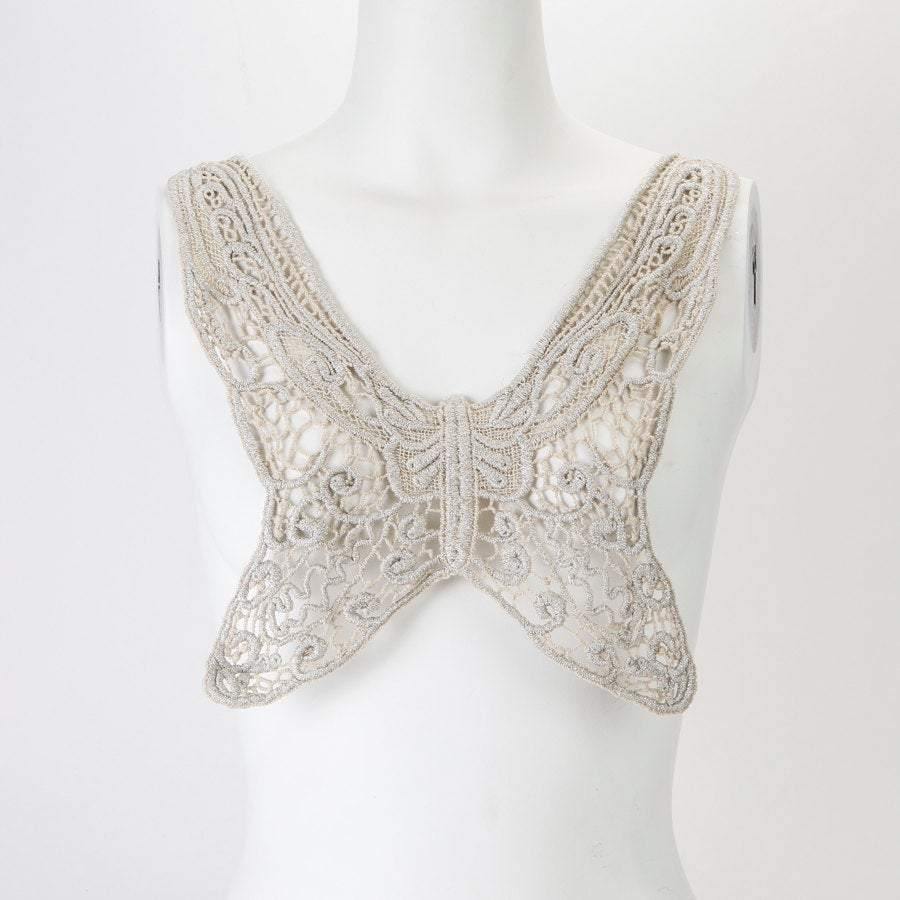 Metallic Silver and Desert Sand Floral Butterfly Lace Applique  APP00006 - Felinus Fabrics