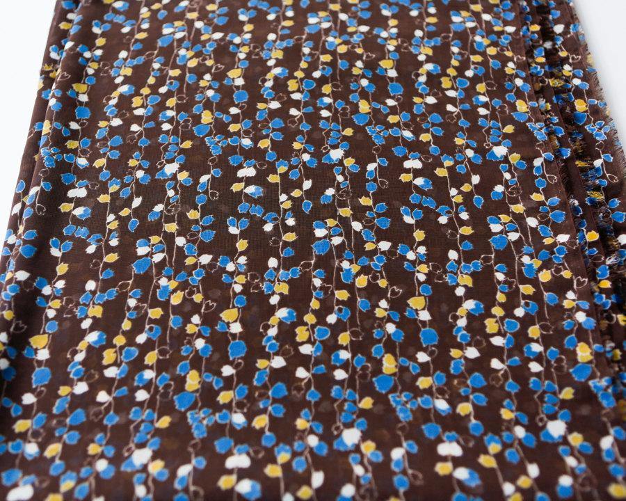 Floral Blue Yellow Brown Semi Sheer Printed Chiffon Fabric 2.5 yards  LWW00023 - Felinus Fabrics