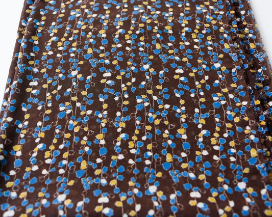 Floral Blue Yellow Brown Semi Sheer Printed Chiffon Fabric 2.5 yards  LWW00023 - Felinus Fabrics