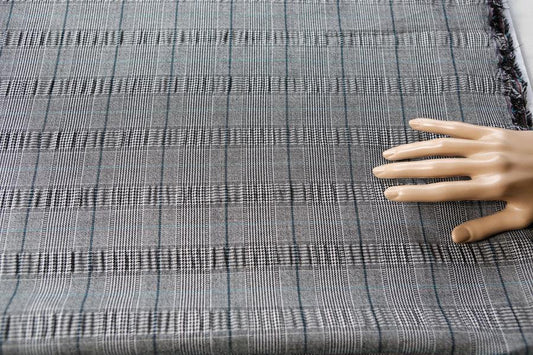 Black and White Plaid Stretch Wool Suiting Seersucker Fabric 1 yard 12 inches length - Felinus Fabrics