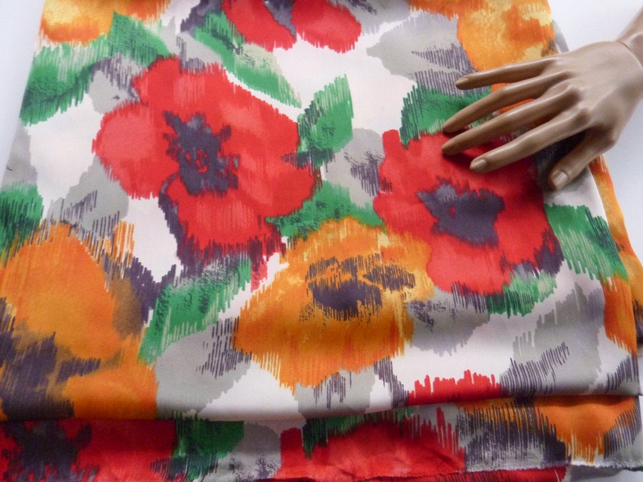 Red and Orange Floral Print Light Weight Matte Satin Woven Fabric 1 Yard 32 Inches