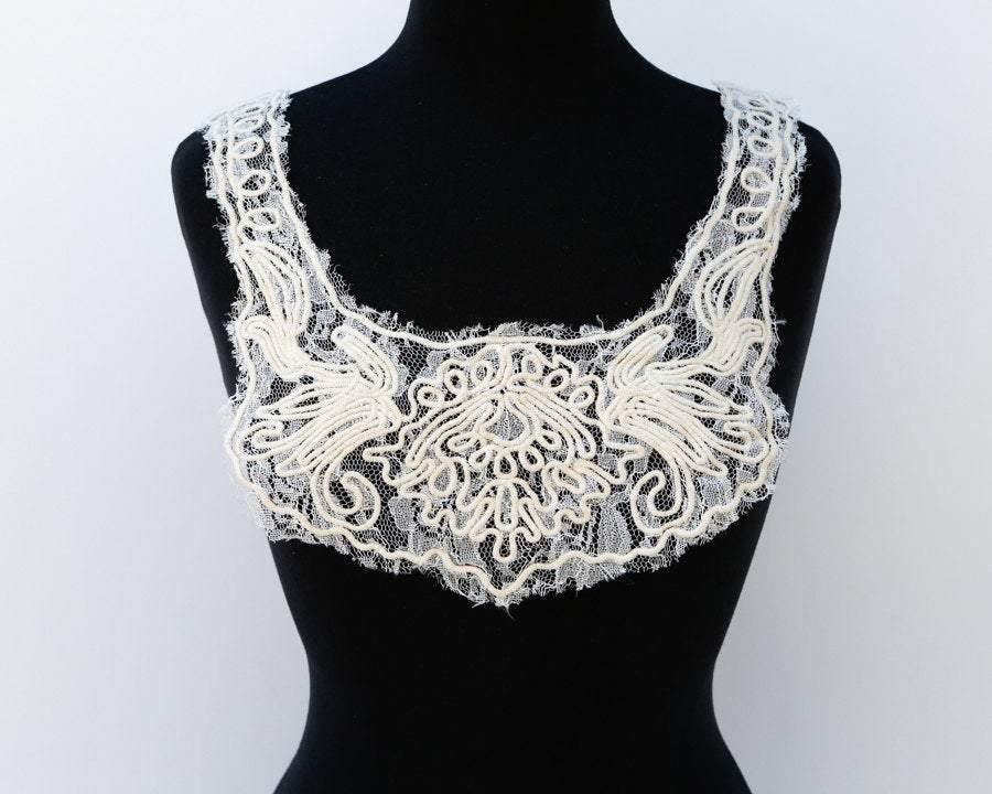 Embroidered Ecru  on White Lace Applique  APP00009 - Felinus Fabrics