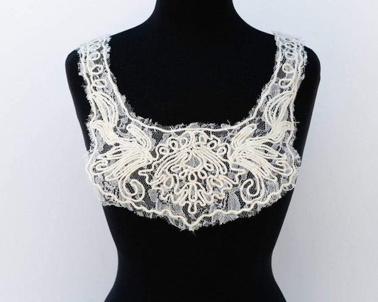 Embroidered Ecru  on White Lace Applique  APP00009 - Felinus Fabrics