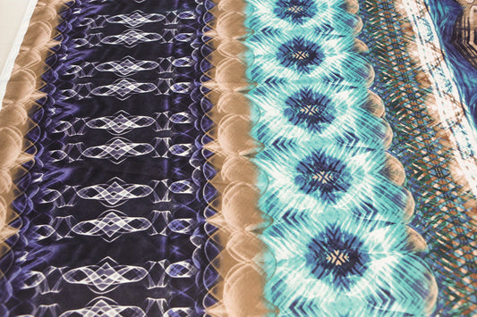 Turquoise and Brown Digital Weave Art Printed on Light Weight Matte Satin Charmeuse 1.5 yards