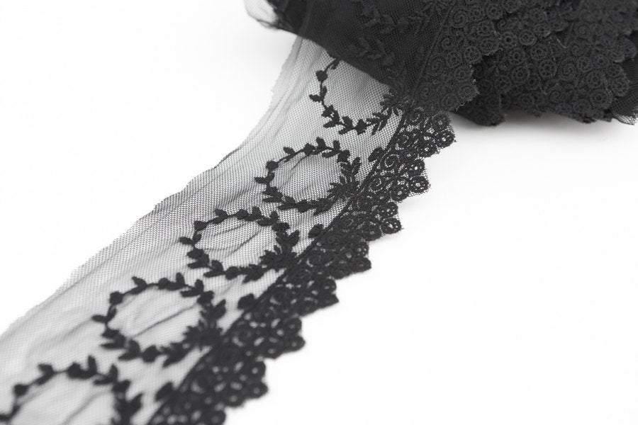 Black Floral Lace Mesh Trim 4 Inch Width by the yard - Felinus Fabrics
