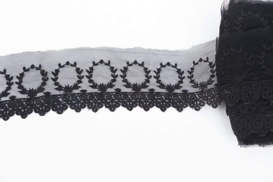 Black Floral Lace Mesh Trim 4 Inch Width by the yard - Felinus Fabrics