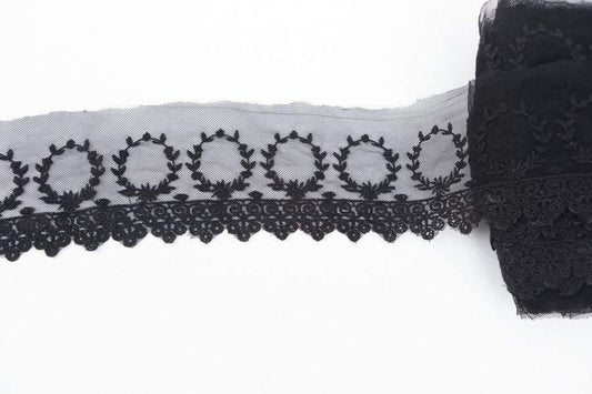 Black Floral Lace Mesh Trim 4 Inch Width by the yard - Felinus Fabrics
