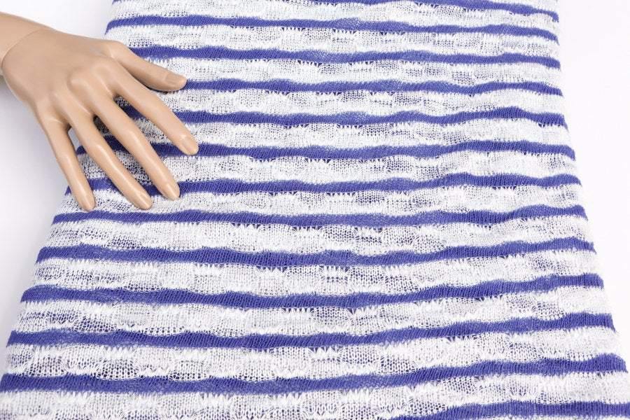 Blue Violet and White Stripe Open Weave Sweater Knit Fabric 1 yard 30 inches - Felinus Fabrics