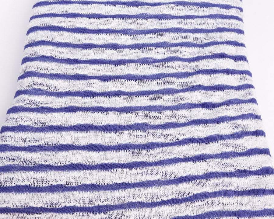 Blue Violet and White Stripe Open Weave Sweater Knit Fabric 1 yard 30 inches - Felinus Fabrics