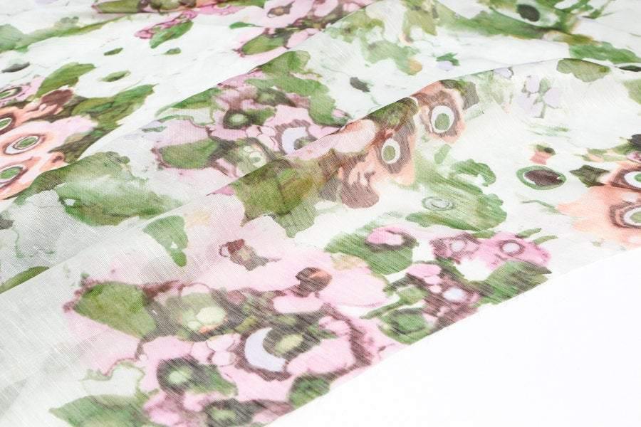 Pink and Green Floral Silk Gauze Piece Approximately 36x 36 inches  LWW00103 - Felinus Fabrics