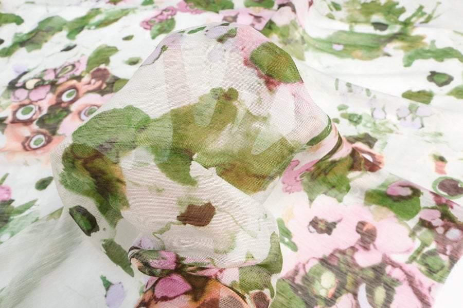 Pink and Green Floral Silk Gauze Piece Approximately 36x 36 inches  LWW00103 - Felinus Fabrics