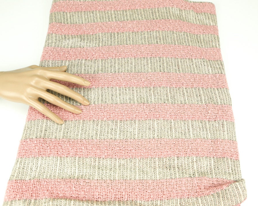 Pink Cream and Heather Black and Off White Stripe Open Weave Sweater Knit Fabric 1 yard and 34 Inches