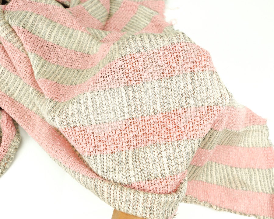 Pink Cream and Heather Black and Off White Stripe Open Weave Sweater Knit Fabric 1 yard and 34 Inches