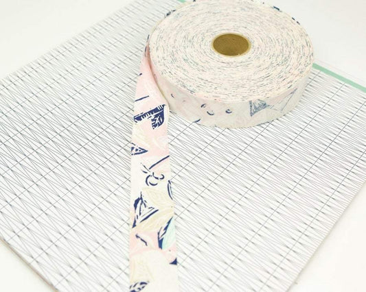 Cotton Bias Tape Light Pink Navy and Sand Beige Leaves Printed Woven 1.25 inches wide x 10 yards - Felinus Fabrics
