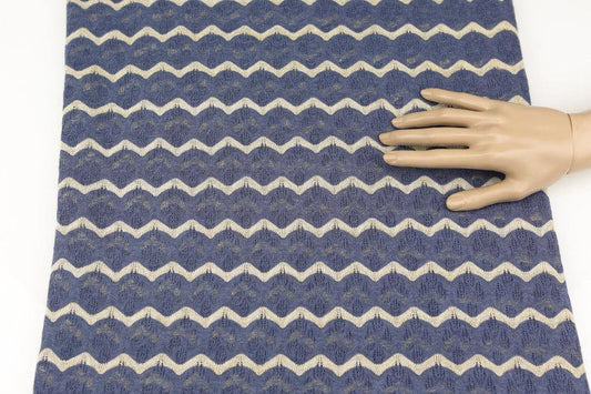 Muted Blue and Gold Stripe Open Weave Sweater Knit Fabric Fancy Wavy Stripes 33 inches length  Extra Wide  OSK00201 - Felinus Fabrics