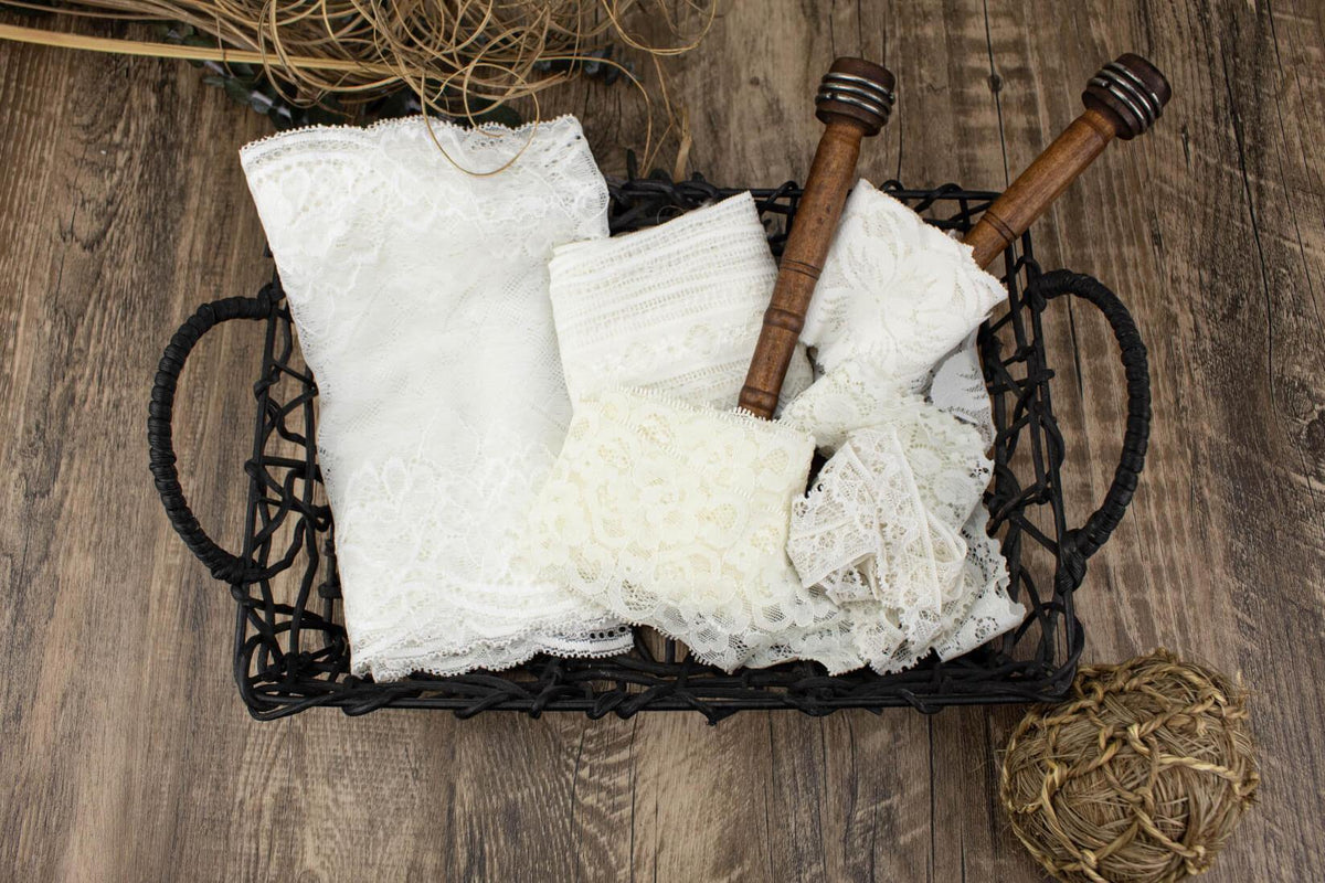 White and Cream Stretch Lace Trim Scrap Pack Scrap Bundle 6 pieces of 1-2 yards each SPK00122 - Felinus Fabrics