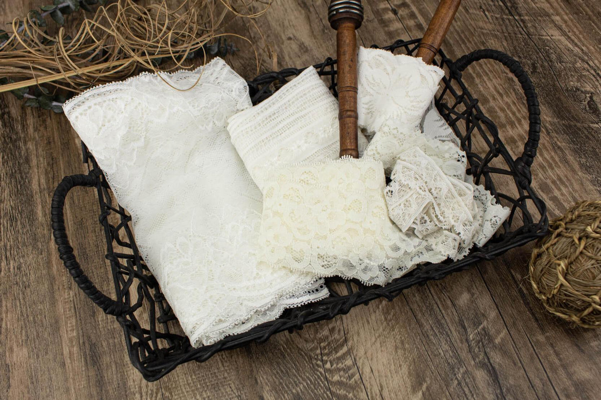 White and Cream Stretch Lace Trim Scrap Pack Scrap Bundle 6 pieces of 1-2 yards each SPK00122 - Felinus Fabrics